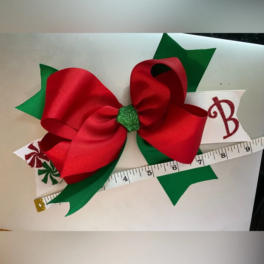 Custom large 9 inch Christmas Hair Bow for Girls! Letter B! Red white & green